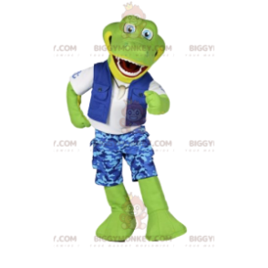 BIGGYMONKEY™ Maskotdräkt Grön krokodil i blå surfoutfit -