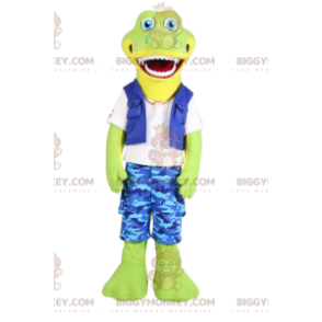 Kostým maskota BIGGYMONKEY™ Zelený krokodýl v modrém oblečení
