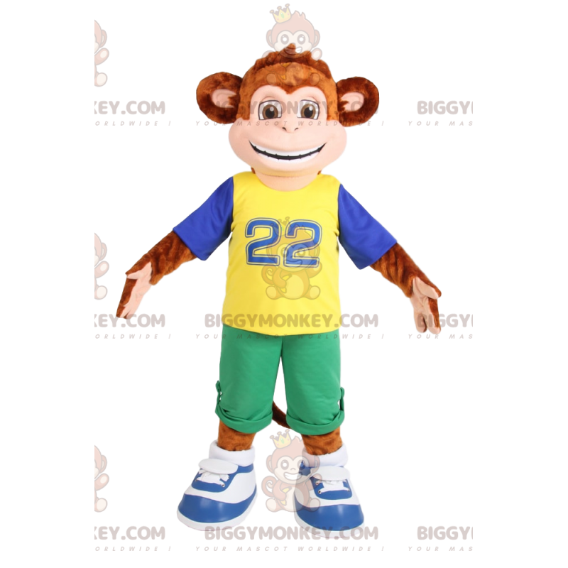 Kostým maskota hnědé opice BIGGYMONKEY™ ve sportovním oblečení.