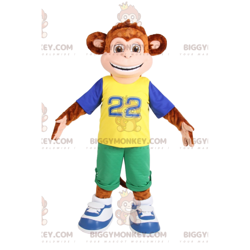 Traje de mascota de mono marrón BIGGYMONKEY™ en ropa deportiva.