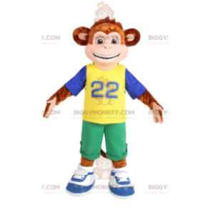 Traje de mascota de mono marrón BIGGYMONKEY™ en ropa deportiva.