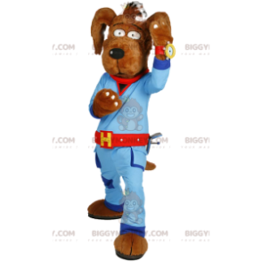 Kostým maskota psa BIGGYMONKEY™ v modrém pracovním oděvu.