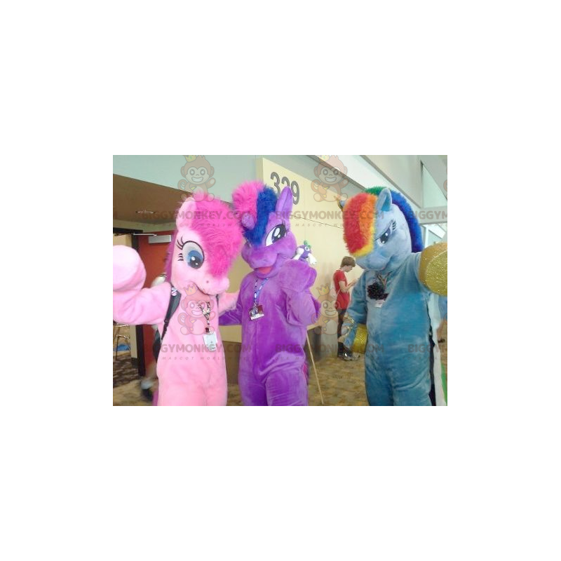 3 BIGGYMONKEY™s multicolored pony unicorns mascot -