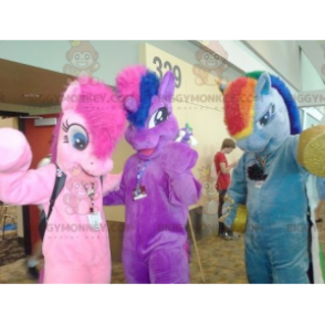 3 BIGGYMONKEY™s buntes Pony-Einhorn-Maskottchen -