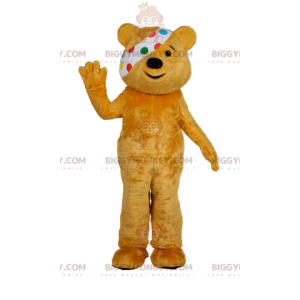 Disfraz de mascota BIGGYMONKEY™ de oso amarillo con vendaje.