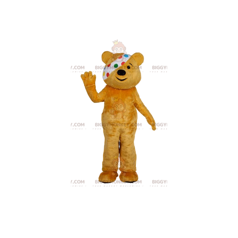 Fato de mascote BIGGYMONKEY™ de urso amarelo com bandagem.