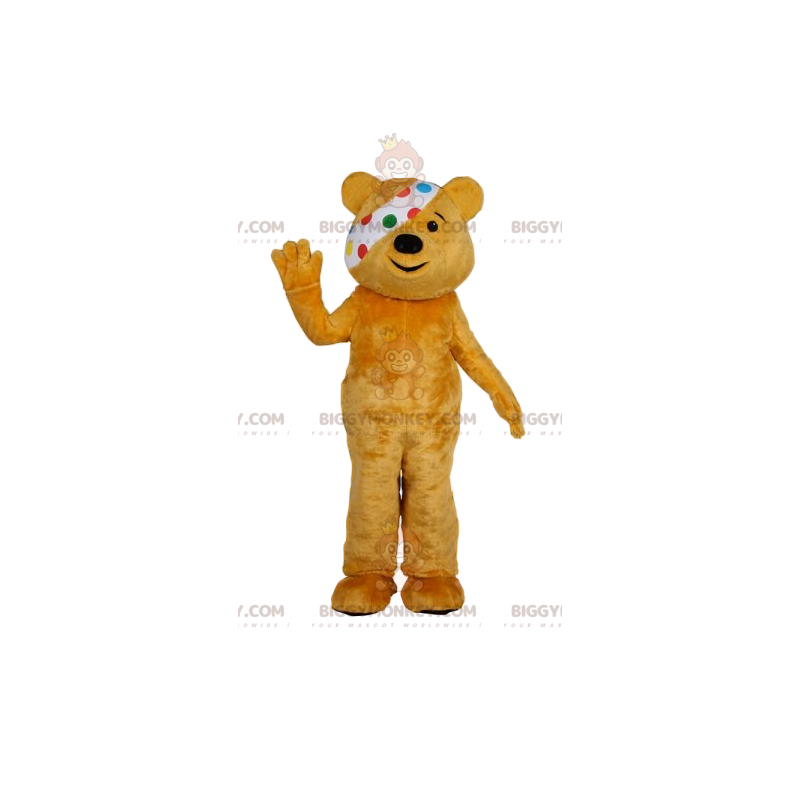 Kostým maskota BIGGYMONKEY™ žlutého medvěda s obvazem. kostým