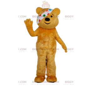 Disfraz de mascota BIGGYMONKEY™ de oso amarillo con vendaje.