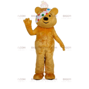 Fato de mascote BIGGYMONKEY™ de urso amarelo com bandagem.