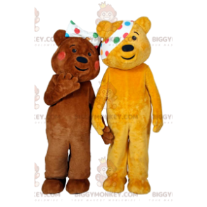 BIGGYMONKEY™ mascot costume of yellow bear with bandage. yellow