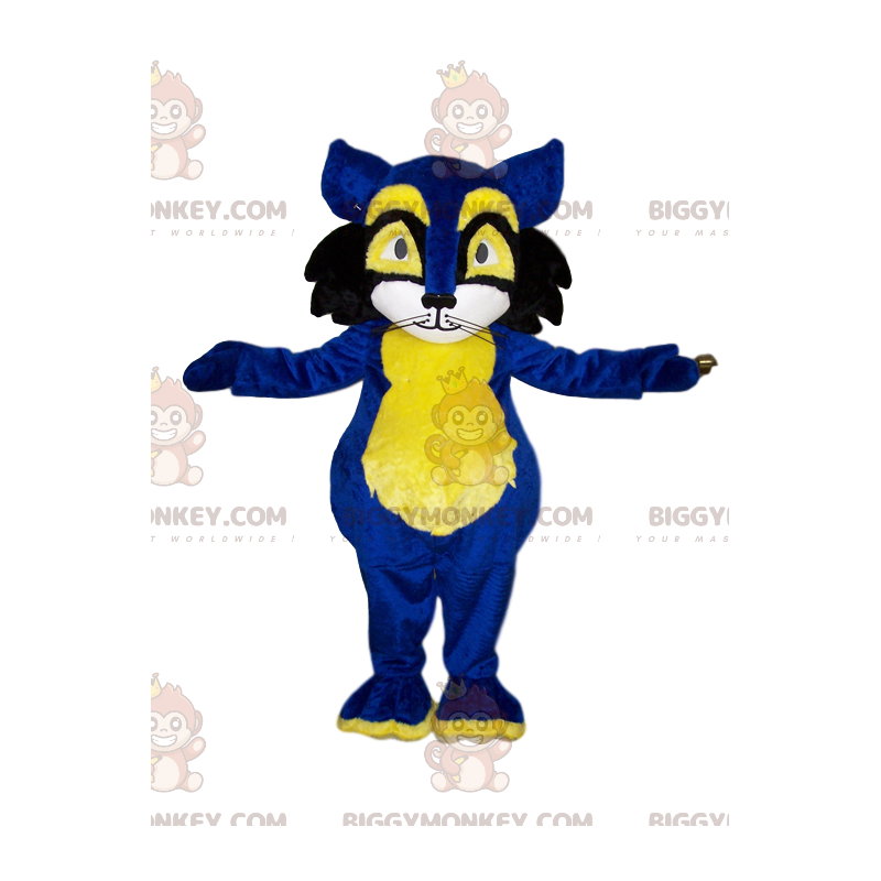 Blauwe en gele kat BIGGYMONKEY™ mascottekostuum. kattenkostuum