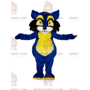 Costume de mascotte BIGGYMONKEY™ de chat bleu et jaune. Costume