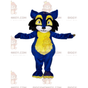 Traje de mascote de gato azul e amarelo BIGGYMONKEY™. fantasia