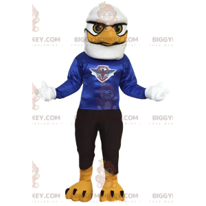 Fato de mascote BIGGYMONKEY™ de águia branca com camisola azul.