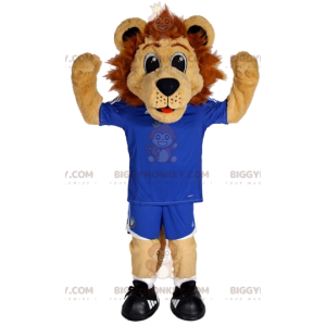 BIGGYMONKEY™ costume da mascotte di leone in tenuta da calcio.