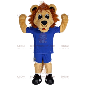 Costume de mascotte BIGGYMONKEY™ de lion en tenue de football.
