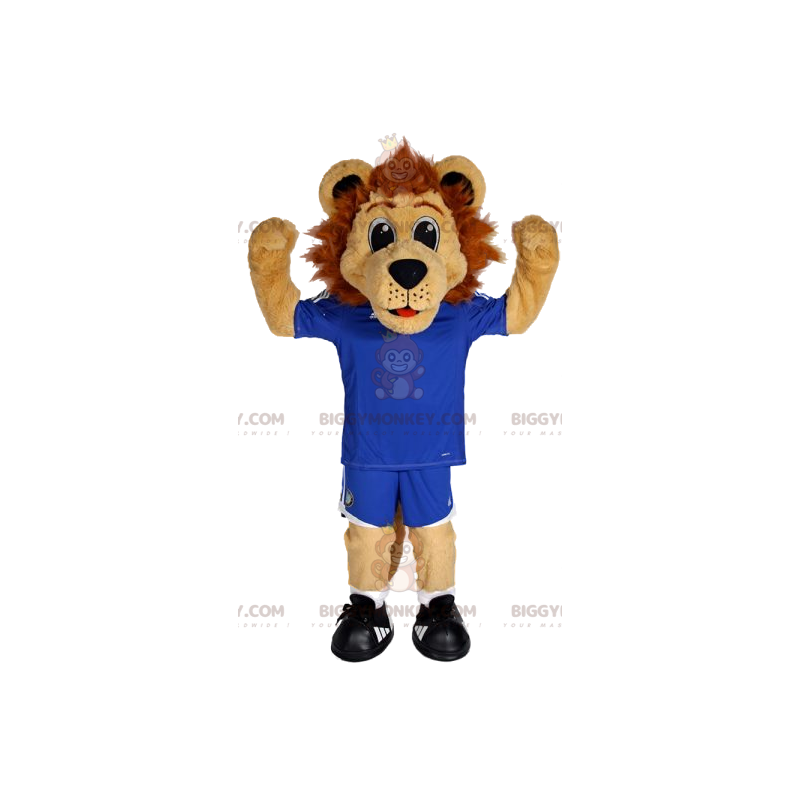 Costume de mascotte BIGGYMONKEY™ de lion en tenue de football.