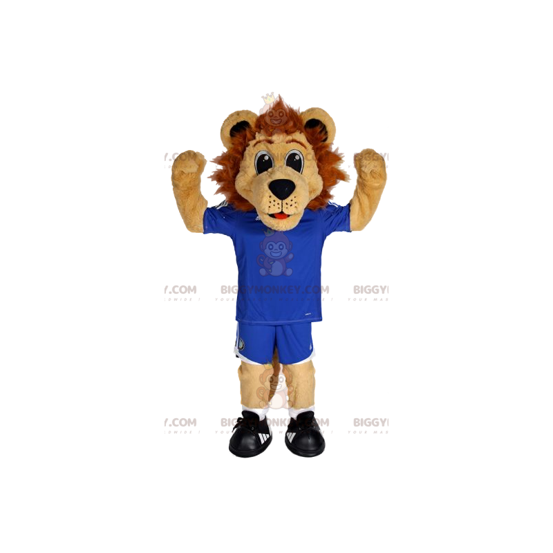 Disfraz de mascota BIGGYMONKEY™ de león con ropa de fútbol.