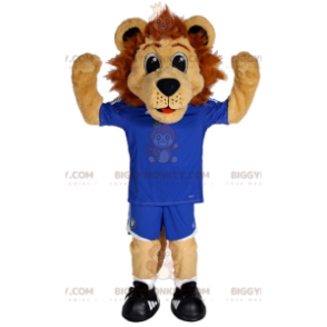 Costume de mascotte BIGGYMONKEY™ de lion en tenue de football.