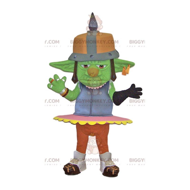 Kostým maskota zeleného trolla BIGGYMONKEY™ s kovovou helmou.