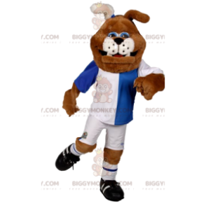Disfraz de mascota BIGGYMONKEY™ de bulldog con ropa de fútbol.