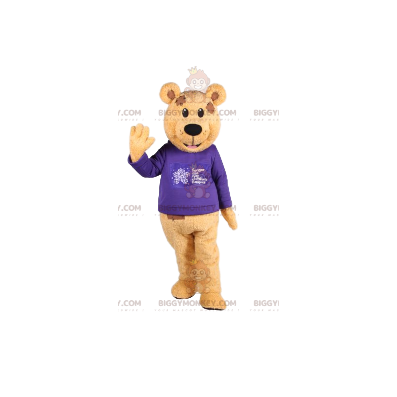 Fato de mascote de urso pardo BIGGYMONKEY™ com jersey azul.