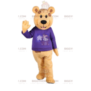 Brown bear BIGGYMONKEY™ mascot costume with blue jersey. bear