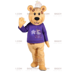 Fato de mascote de urso pardo BIGGYMONKEY™ com jersey azul.