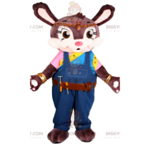 Brown bunny BIGGYMONKEY™ mascot costume with blue overalls. -