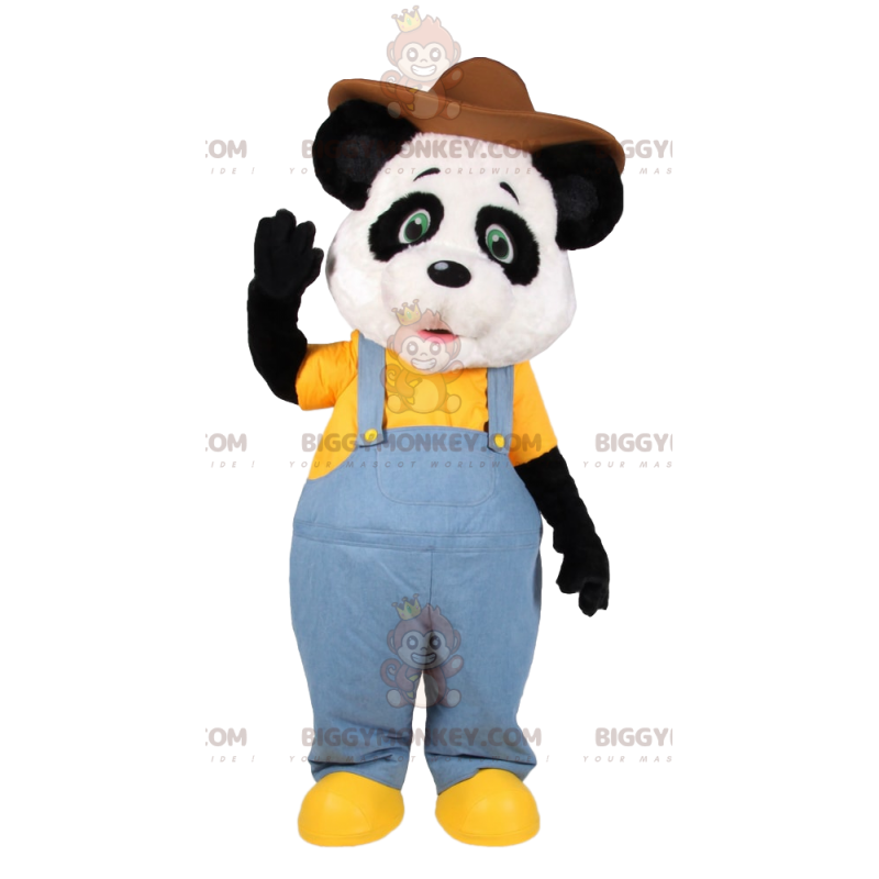 Costume de mascotte BIGGYMONKEY™ de panda en salopette en jeans