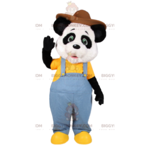BIGGYMONKEY™ Pandamaskotdräkt i jeansoverall och hatt -