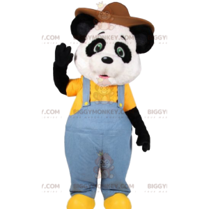 Costume de mascotte BIGGYMONKEY™ de panda en salopette en jeans