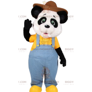 Traje de mascote de panda BIGGYMONKEY™ em macacão jeans e