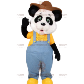 Traje de mascote de panda BIGGYMONKEY™ em macacão jeans e