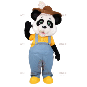 Kostium maskotki Panda BIGGYMONKEY™ w dżinsowym kombinezonie i