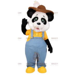 BIGGYMONKEY™ Panda Mascot Costume In Jeans Overalls And Hat –