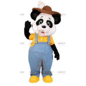 Costume de mascotte BIGGYMONKEY™ de panda en salopette en jeans