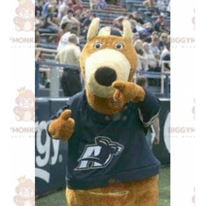 Brown bear BIGGYMONKEY™ mascot costume with blue t-shirt -