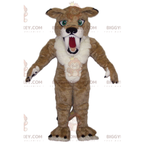 Costume da mascotte BIGGYMONKEY™ di smilodonte beige e bianco.