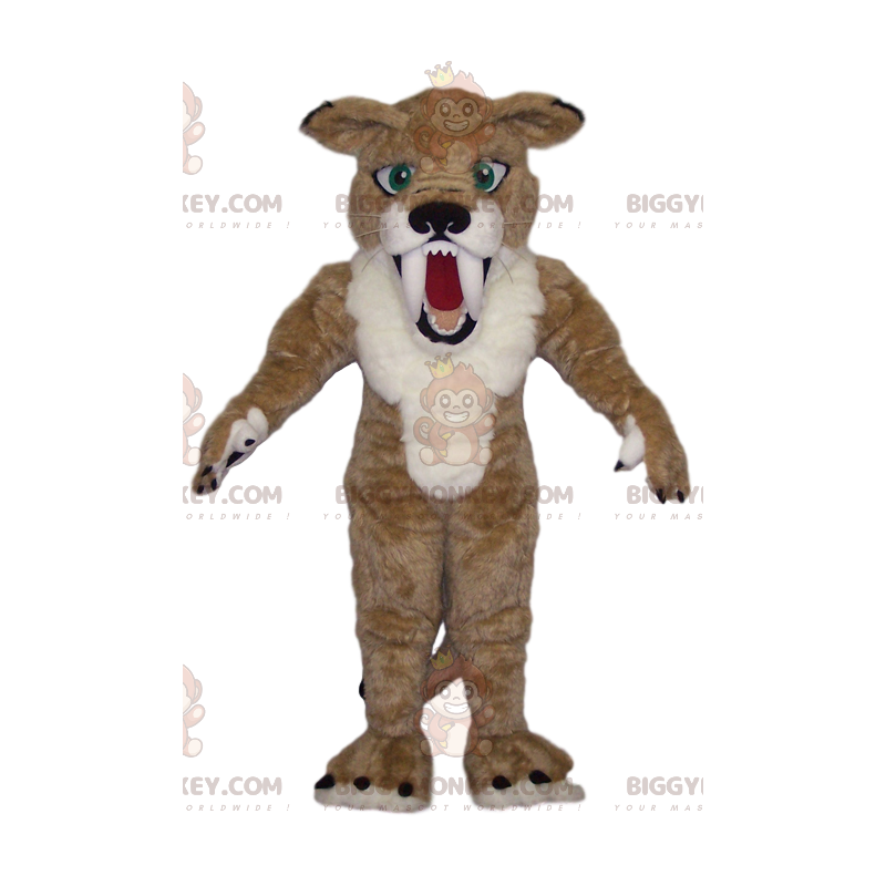 Costume da mascotte BIGGYMONKEY™ di smilodonte beige e bianco.