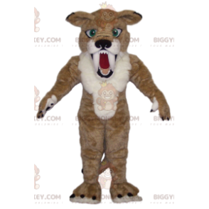 Costume da mascotte BIGGYMONKEY™ di smilodonte beige e bianco.