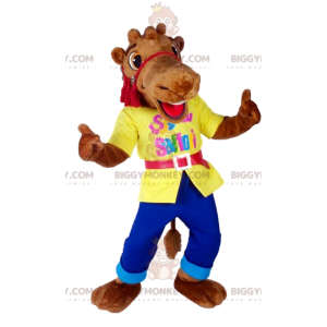 BIGGYMONKEY™ Costume da mascotte Cammello marrone in jeans e