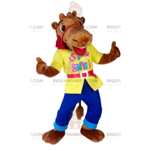 BIGGYMONKEY™ Mascot Costume Brown Camel in Jeans and Shirt -