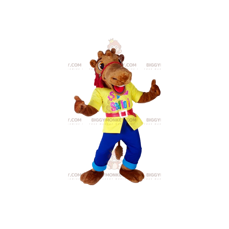 Costume de mascotte BIGGYMONKEY™ de chameau marron en jeans et