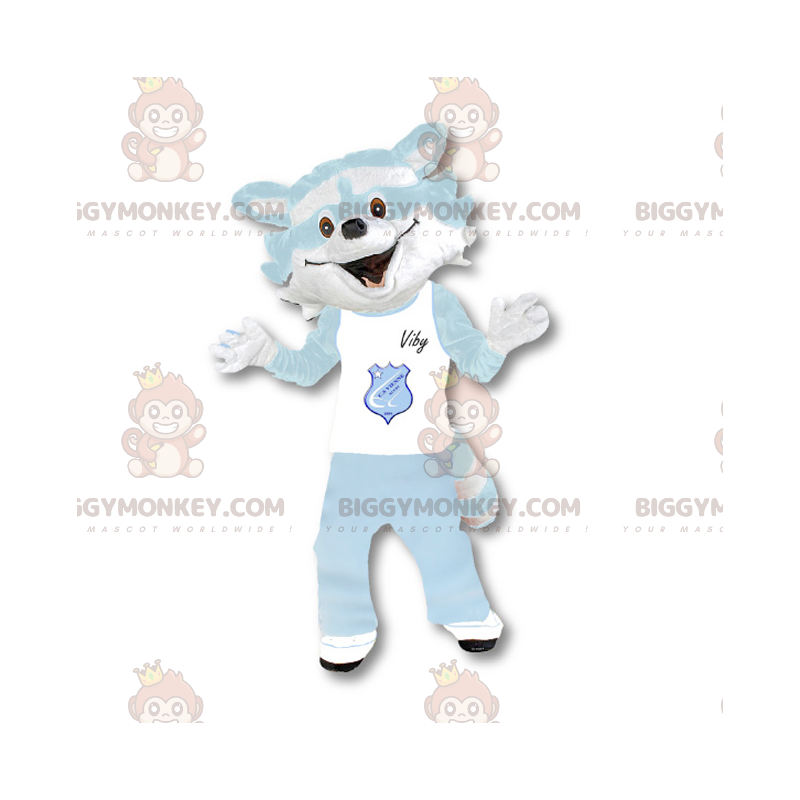 Traje de mascote de guaxinim branco e azul celeste BIGGYMONKEY™