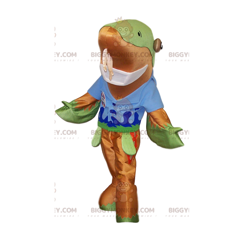 Dolphin BIGGYMONKEY™ mascot costume with blue t-shirt. dolphin