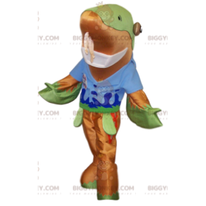 Costume da mascotte delfino BIGGYMONKEY™ con t-shirt blu.