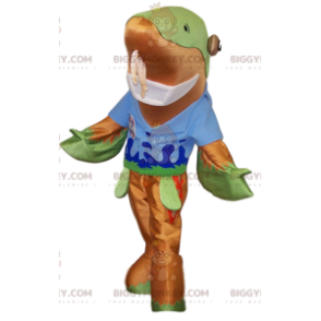 Dolphin BIGGYMONKEY™ mascot costume with blue t-shirt. dolphin