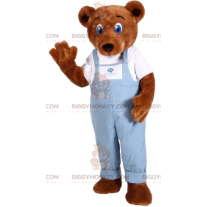 Bruine beer BIGGYMONKEY™ mascottekostuum met blauwe overall -