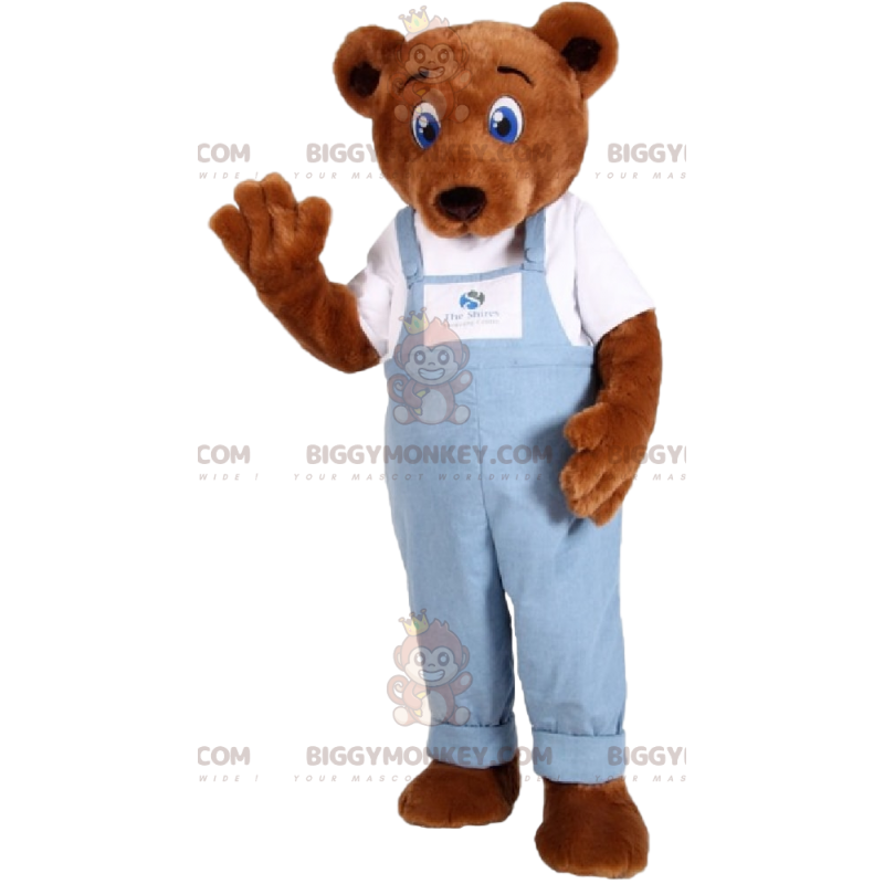 Braunbär BIGGYMONKEY™ Maskottchenkostüm mit blauem Overall -